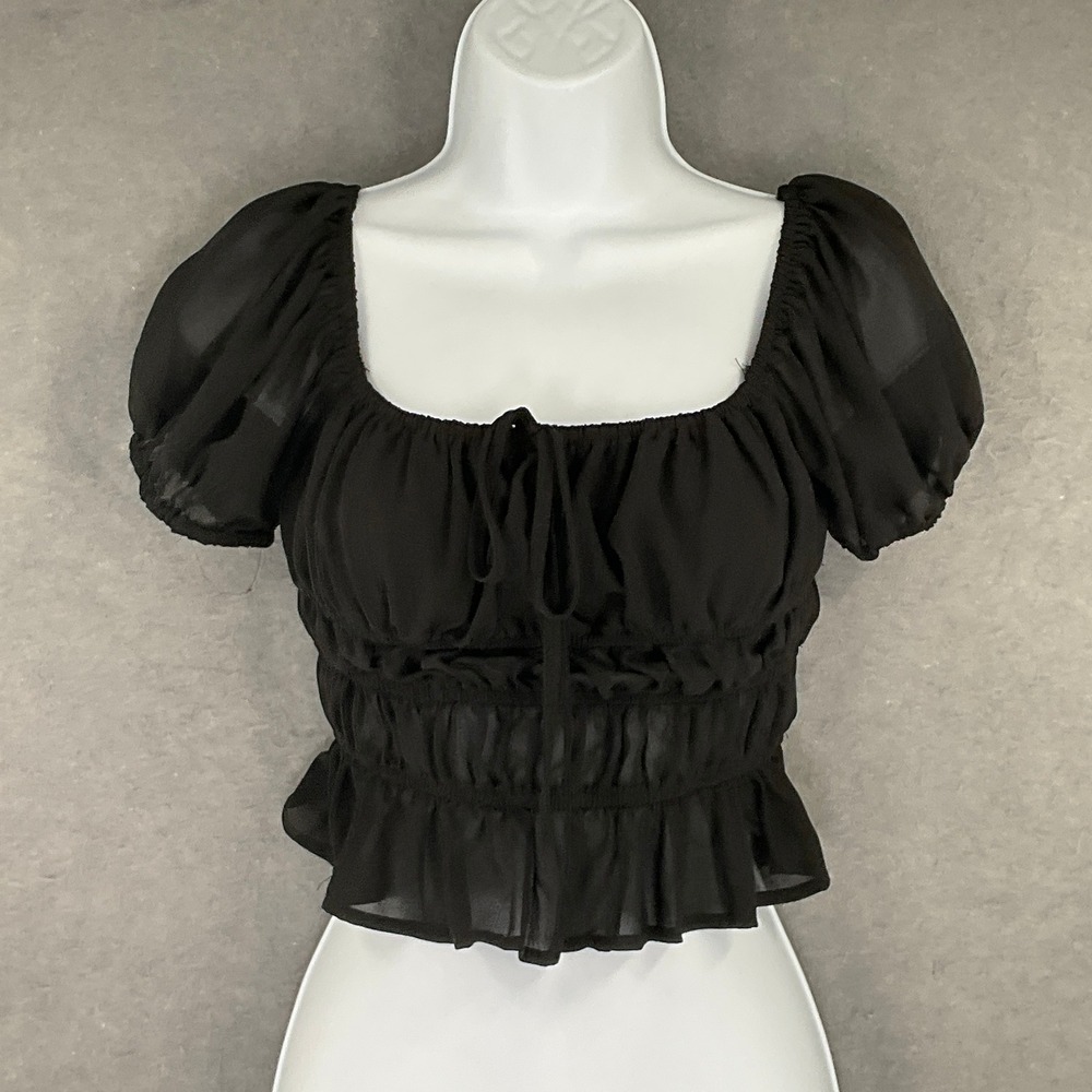 Forever 21 Black Puff‎ Sleeve Smocked Cropped Top Sz S Milkmaid Bohemian